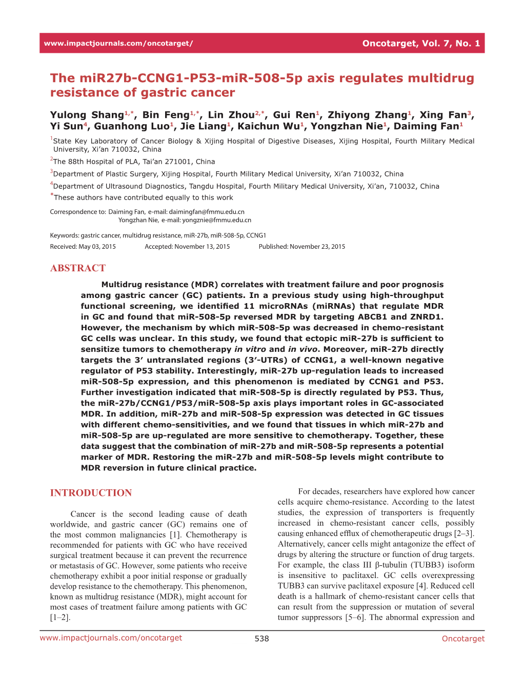 The Mir27b-CCNG1-P53-Mir-508-5P Axis Regulates Multidrug Resistance of Gastric Cancer