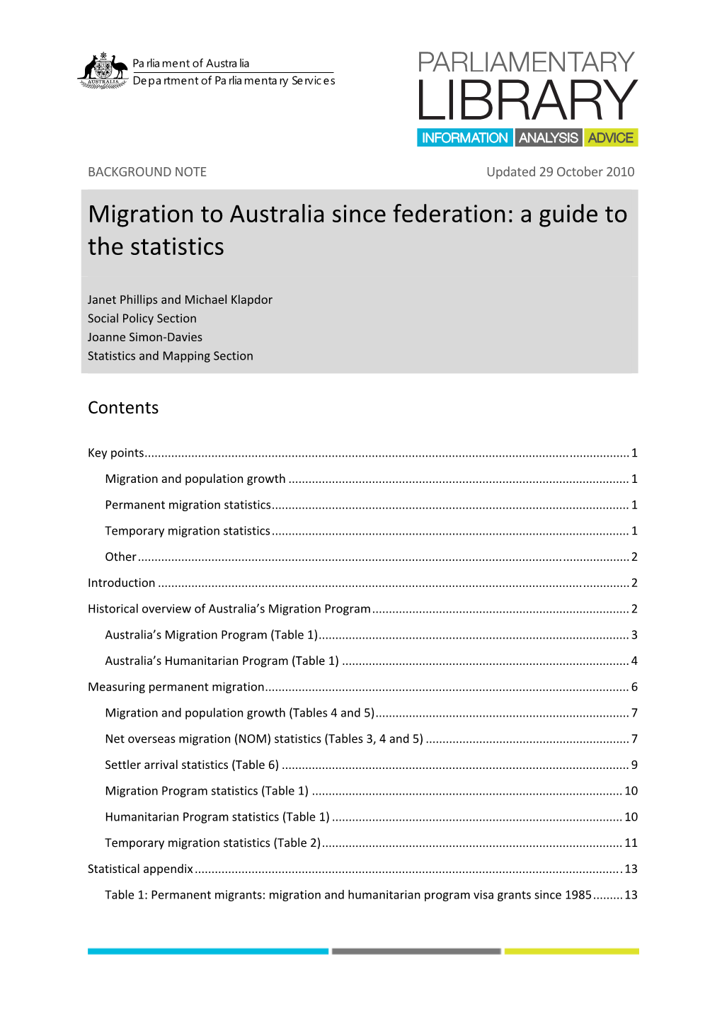 Migration to Australia Since Federation: a Guide to the Statistics