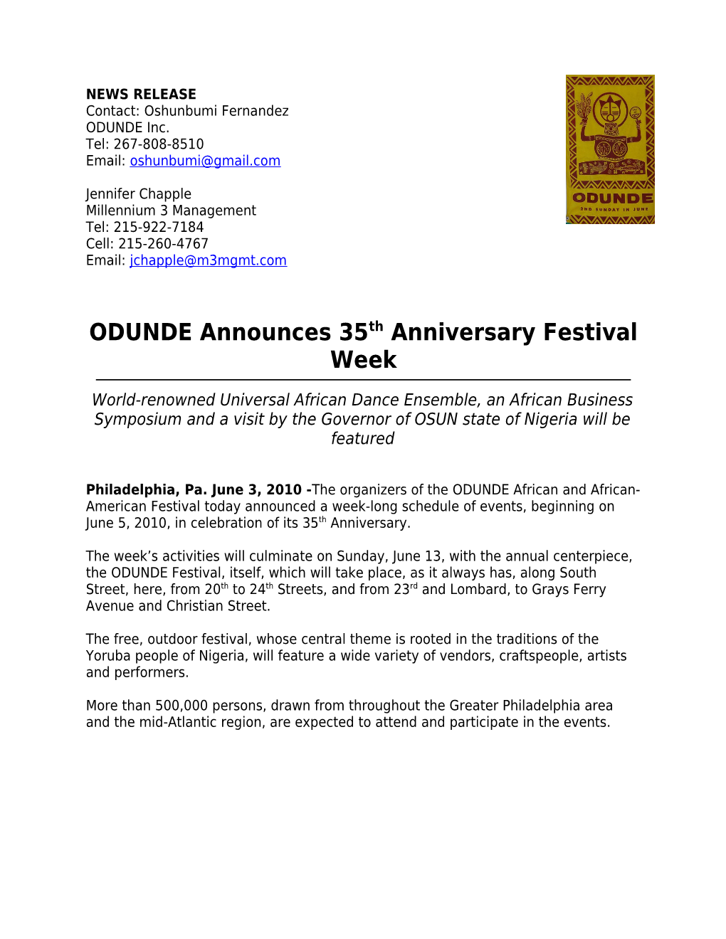 ODUNDE Announces 35Th Anniversary Festival Week