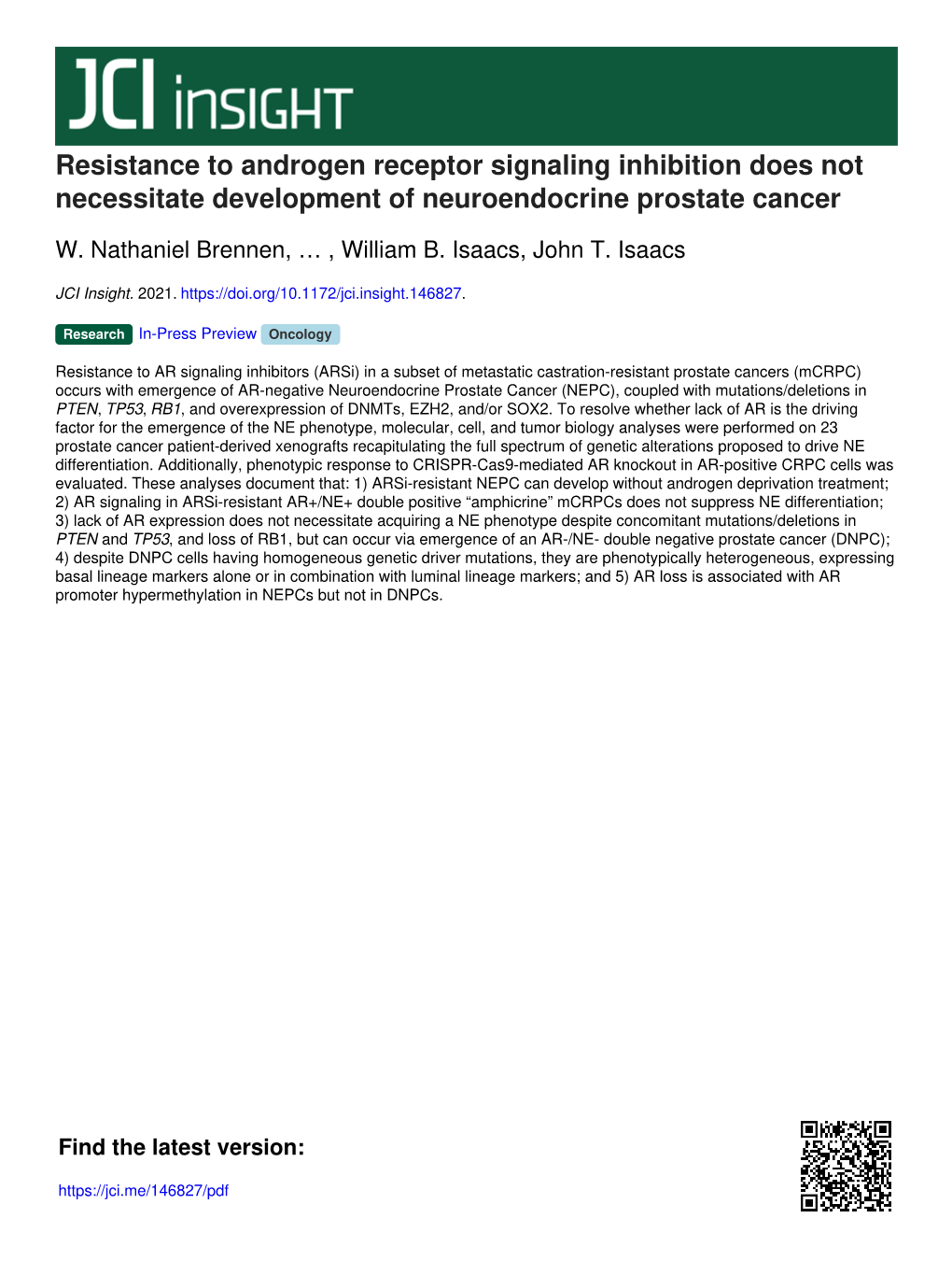 Resistance to Androgen Receptor Signaling Inhibition Does Not Necessitate Development of Neuroendocrine Prostate Cancer