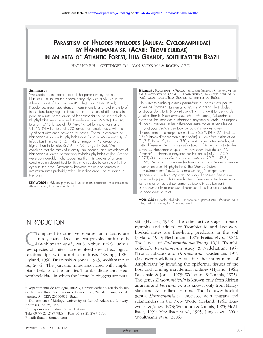 Parasitism of Hylodes Phyllodes \(Anura: Cycloramphidae\) By