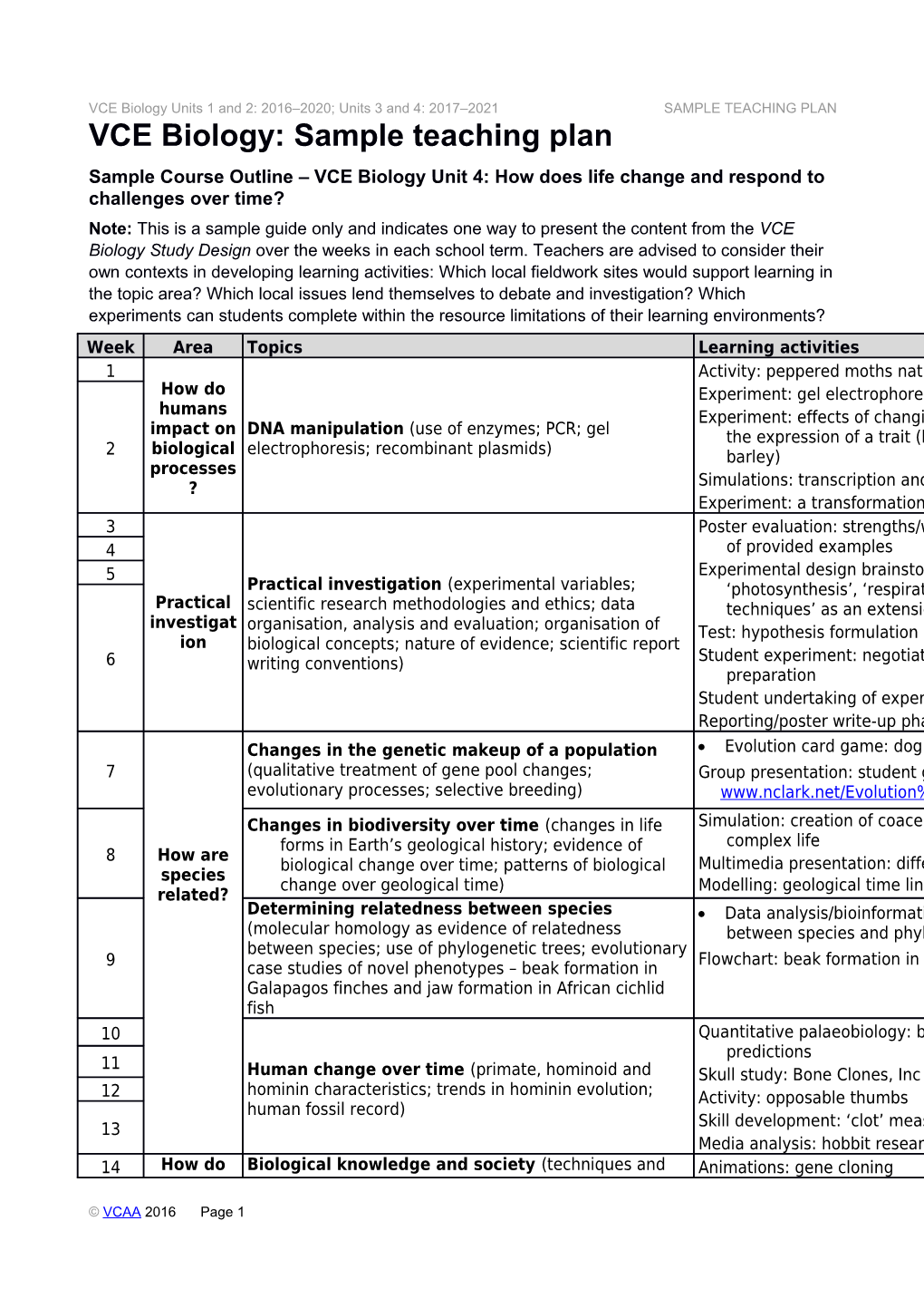 VCE Biology: Sample Teaching Plan