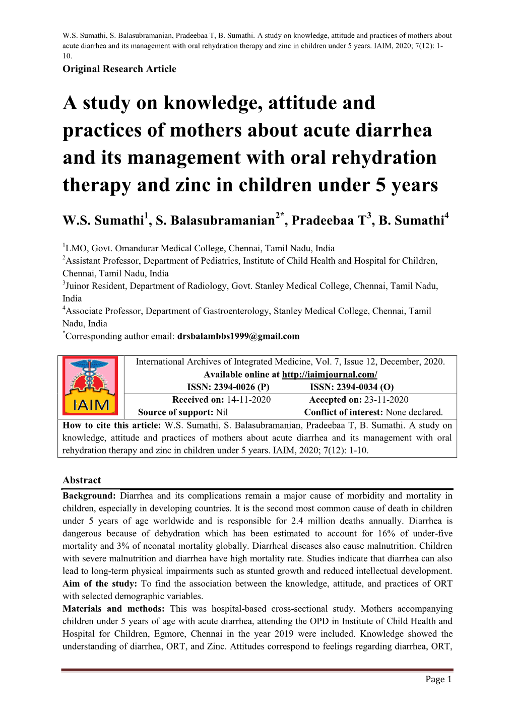 A Study on Knowledge, Attitude and Practices of Mothers About Acute Diarrhea and Its Management with Oral Rehydration Therapy and Zinc in Children Under 5 Years