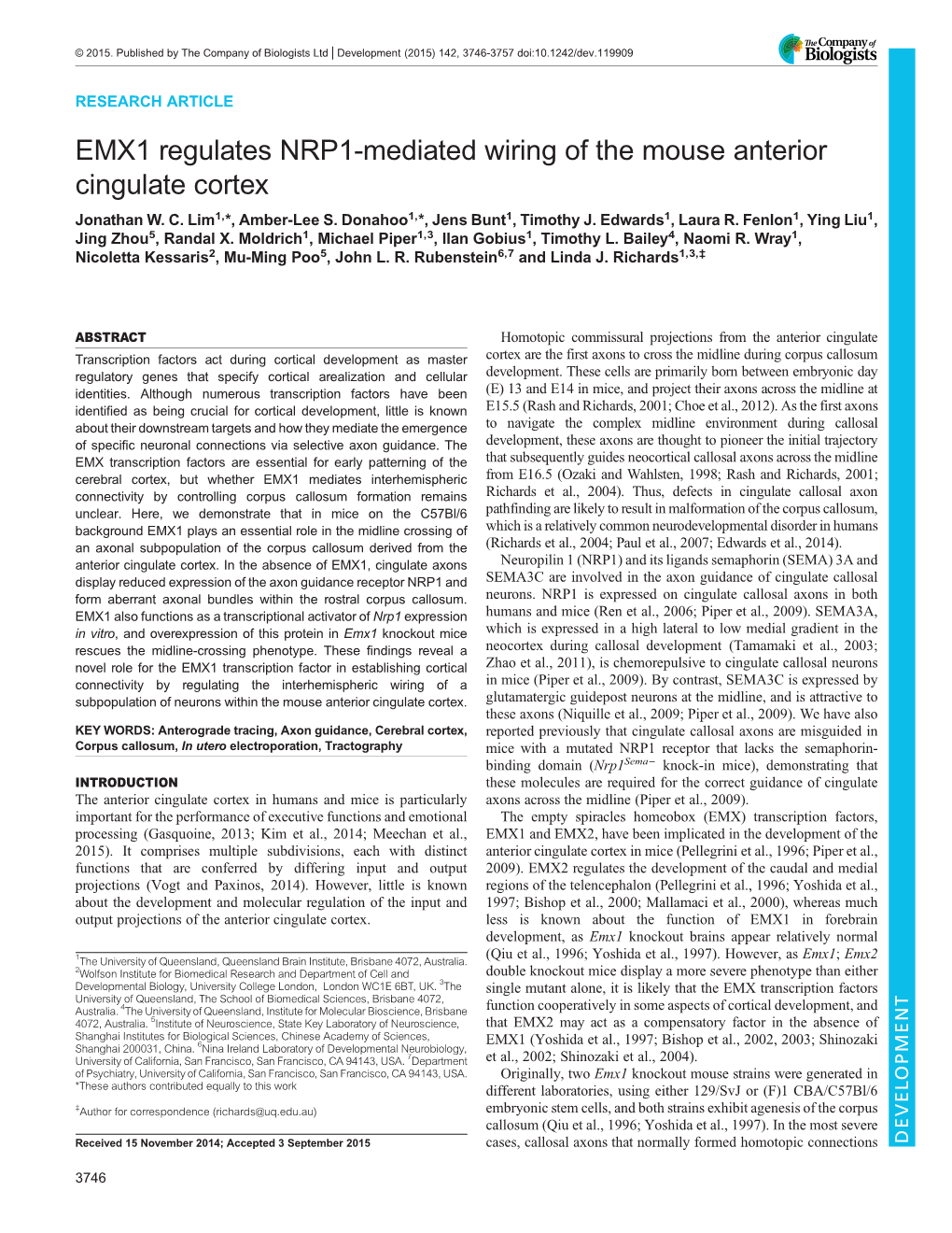 EMX1 Regulates NRP1-Mediated Wiring of the Mouse Anterior Cingulate Cortex Jonathan W