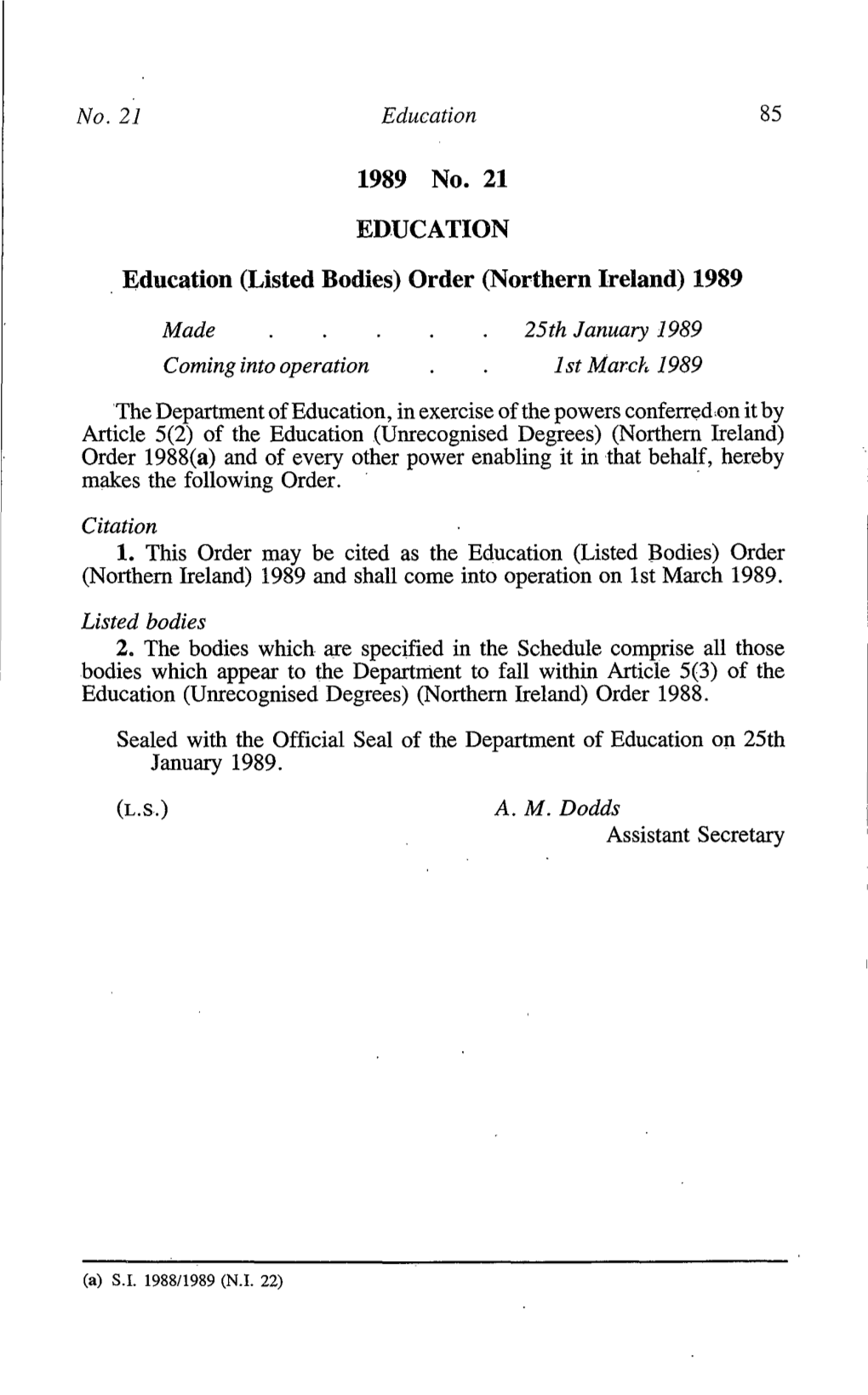 Education (Listed Bodies) Order (Northern Ireland) 1989