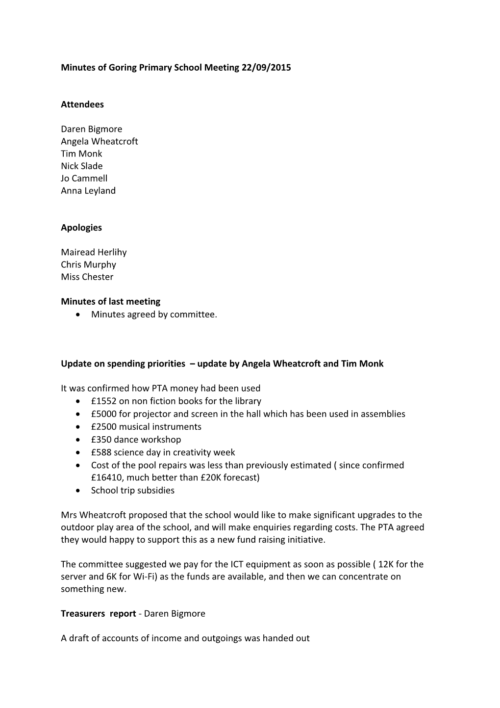 Minutes of Goring Primary School Meeting 22/09/2015