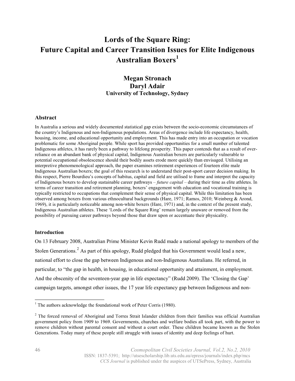 Future Capital and Career Transition Issues for Elite Indigenous Australian Boxers1