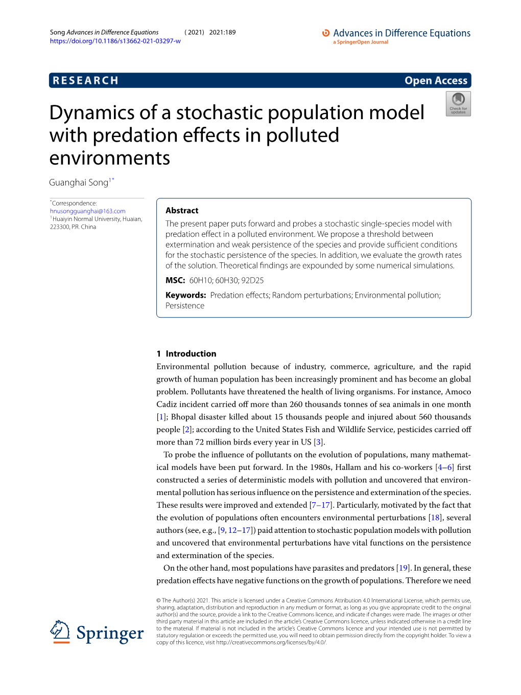 Dynamics of a Stochastic Population Model with Predation Effects in Polluted Environments Guanghai Song1*