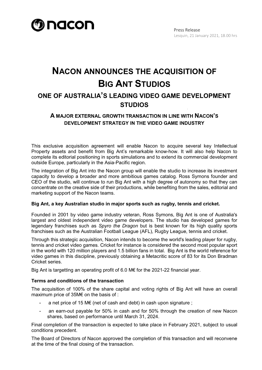 Nacon Announces the Acquisition of Big Ant Studios One of Australia’S Leading Video Game Development Studios