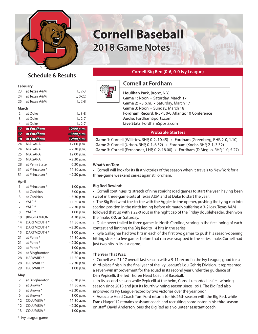 Cornell Baseball 2018 Game Notes