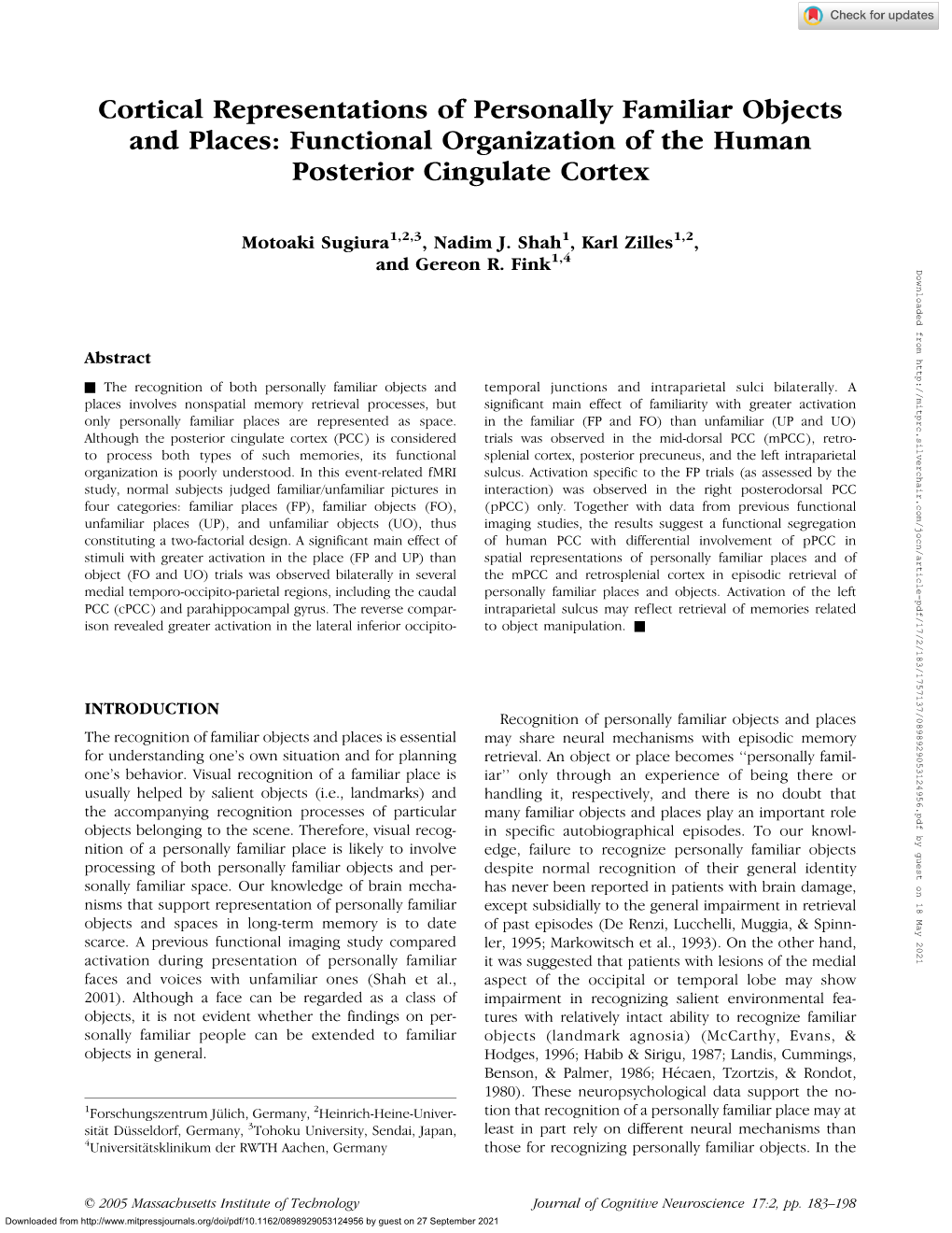 Cortical Representations of Personally Familiar Objects and Places: Functional Organization of the Human Posterior Cingulate Cortex