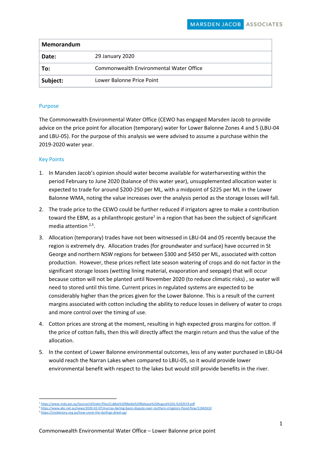 Independent Assessment of Price for Water Foregone for Pumping