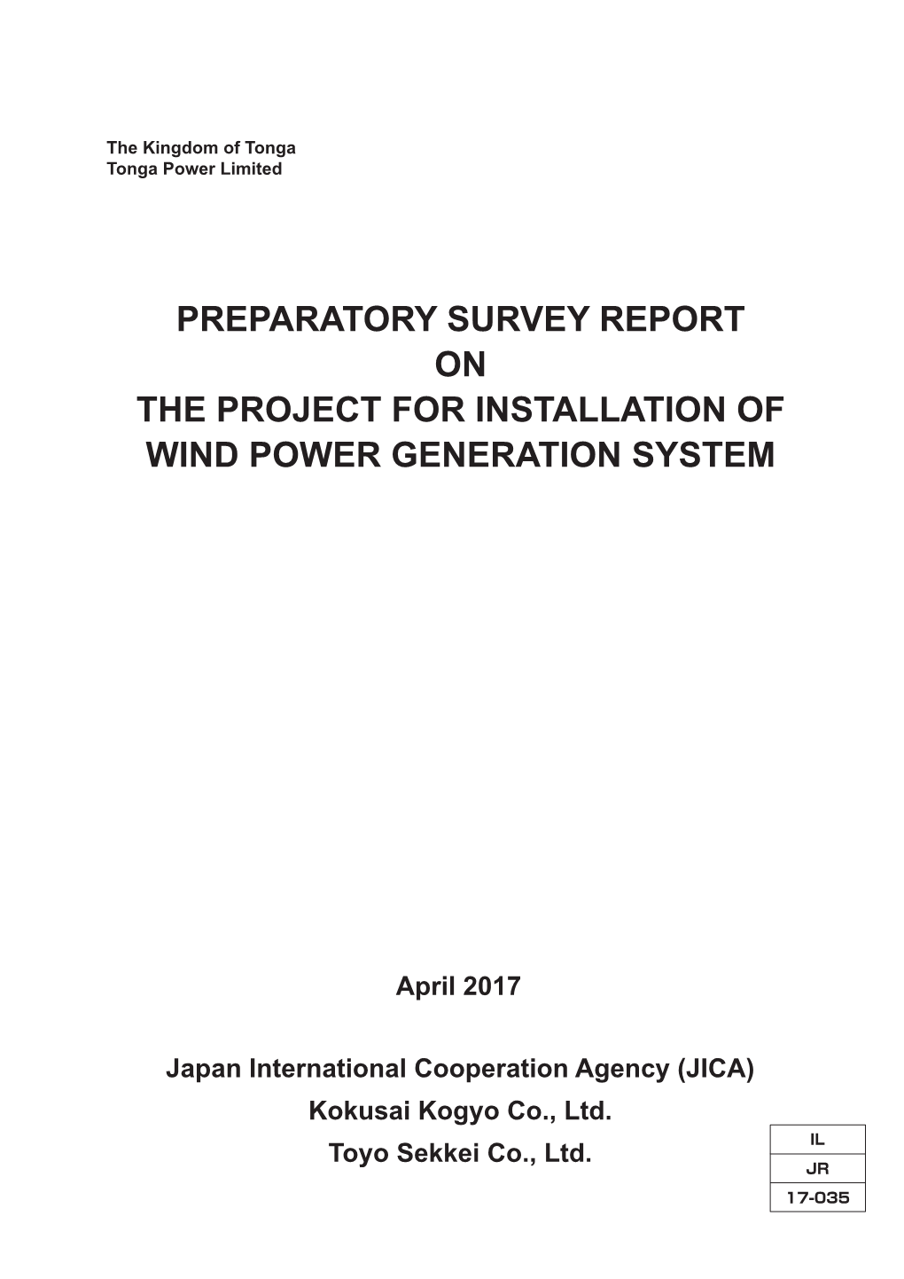 Preparatory Survey Report on the Project for Installation of Wind Power Generation System