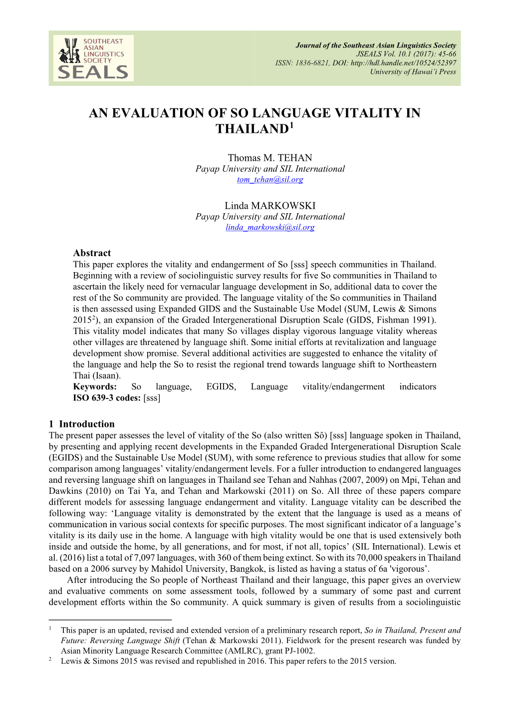 An Evaluation of So Language Vitality in Thailand1