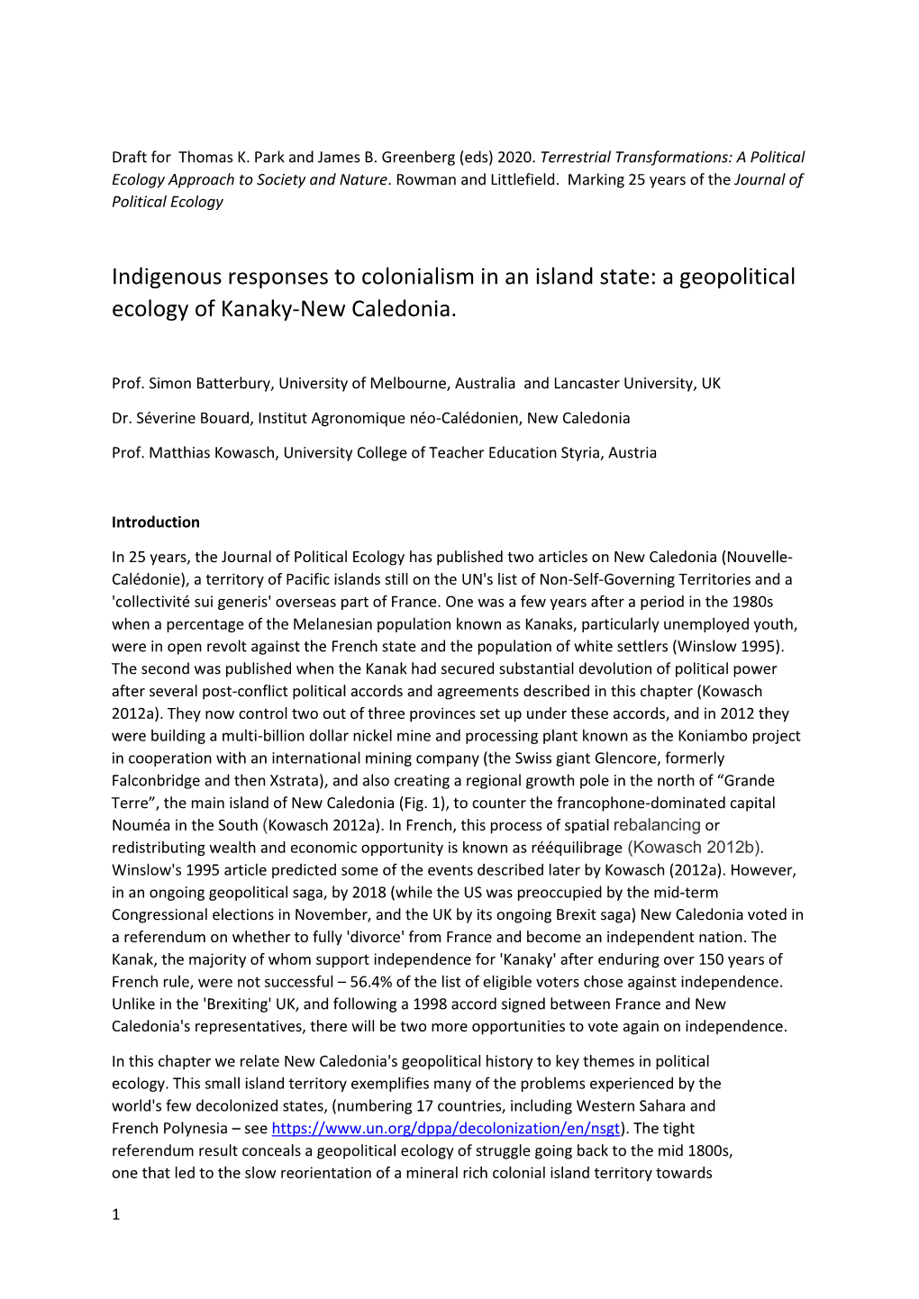 Indigenous Responses to Colonialism in an Island State: a Geopolitical Ecology of Kanaky-New Caledonia