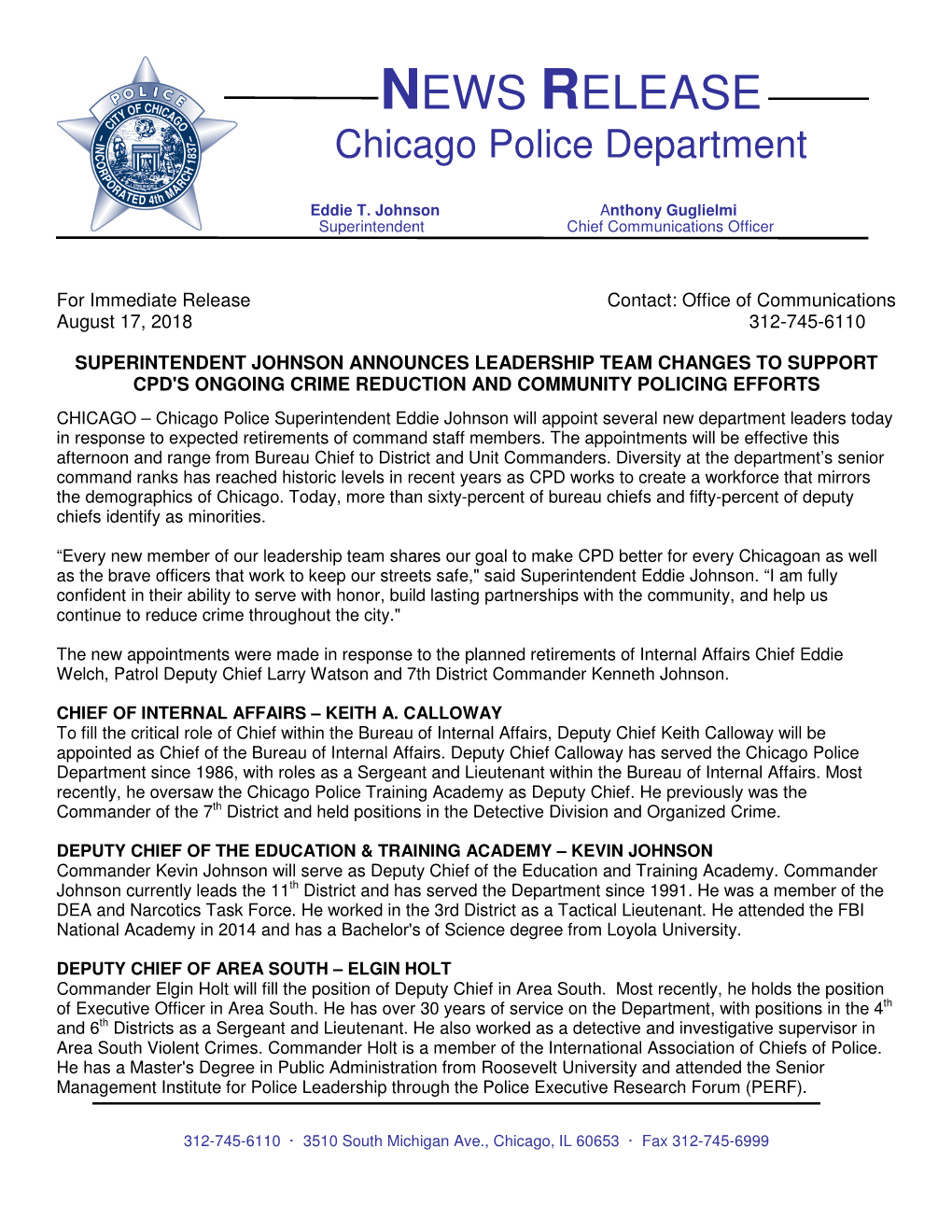 NEWS RELEASE Chicago Police Department