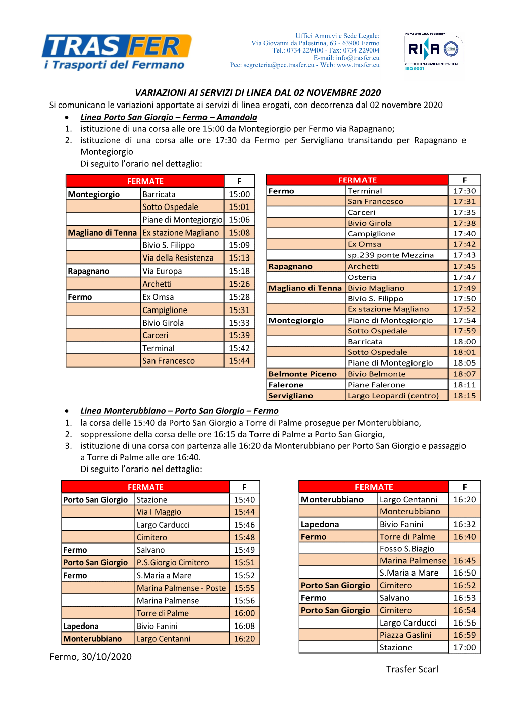 VARIAZIONI AI SERVIZI DI LINEA DAL 02 NOVEMBRE 2020 Fermo