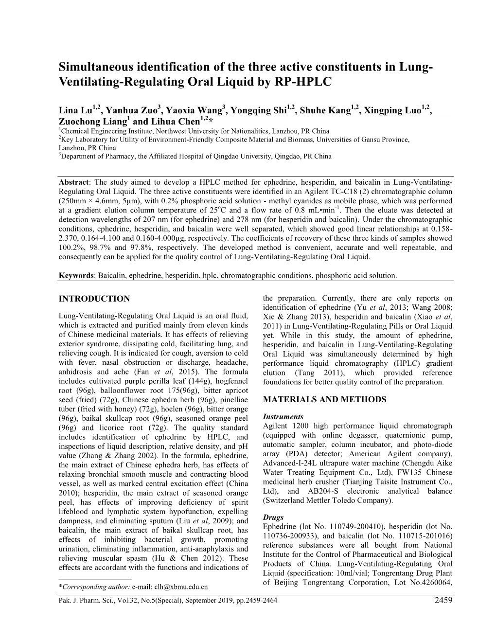 Simultaneous Identification of the Three Active Constituents in Lung- Ventilating-Regulating Oral Liquid by RP-HPLC