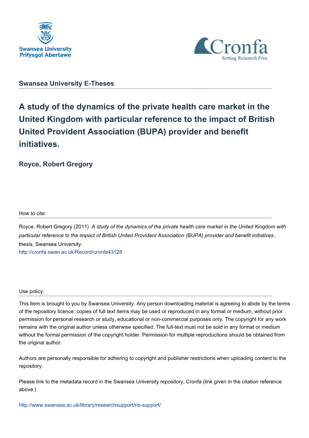 A Study of the Dynamics of the Private Health Care Market in the United