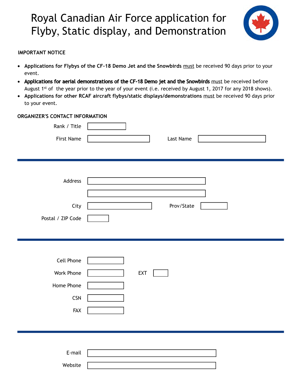 Royal Canadian Air Force Application for Airshows, Flybys, and Static Support