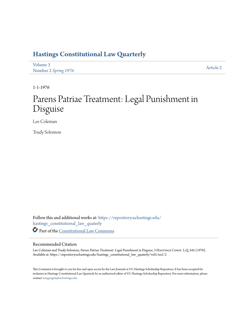 Parens Patriae Treatment: Legal Punishment in Disguise Lee Coleman
