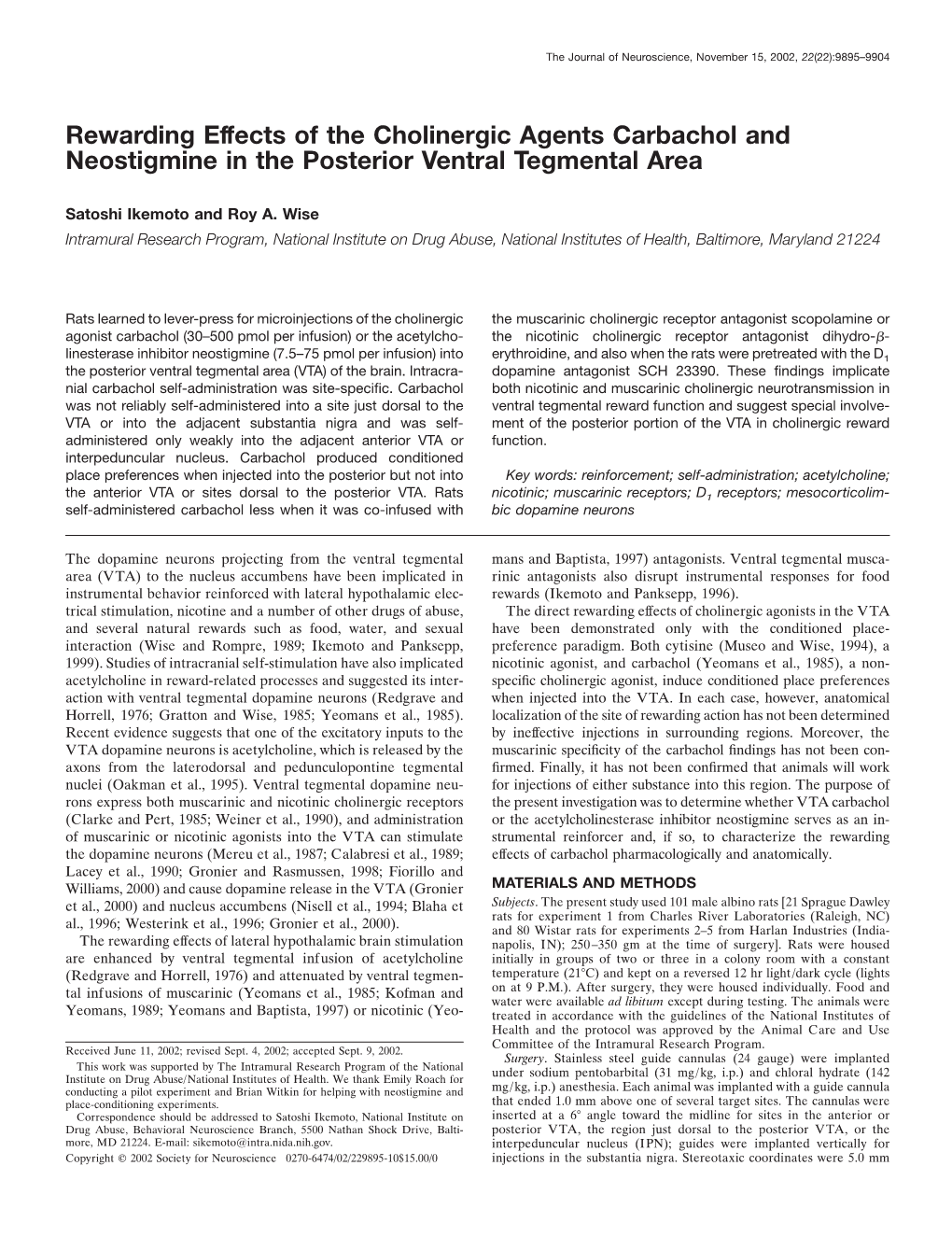 Rewarding Effects of the Cholinergic Agents Carbachol and Neostigmine in the Posterior Ventral Tegmental Area