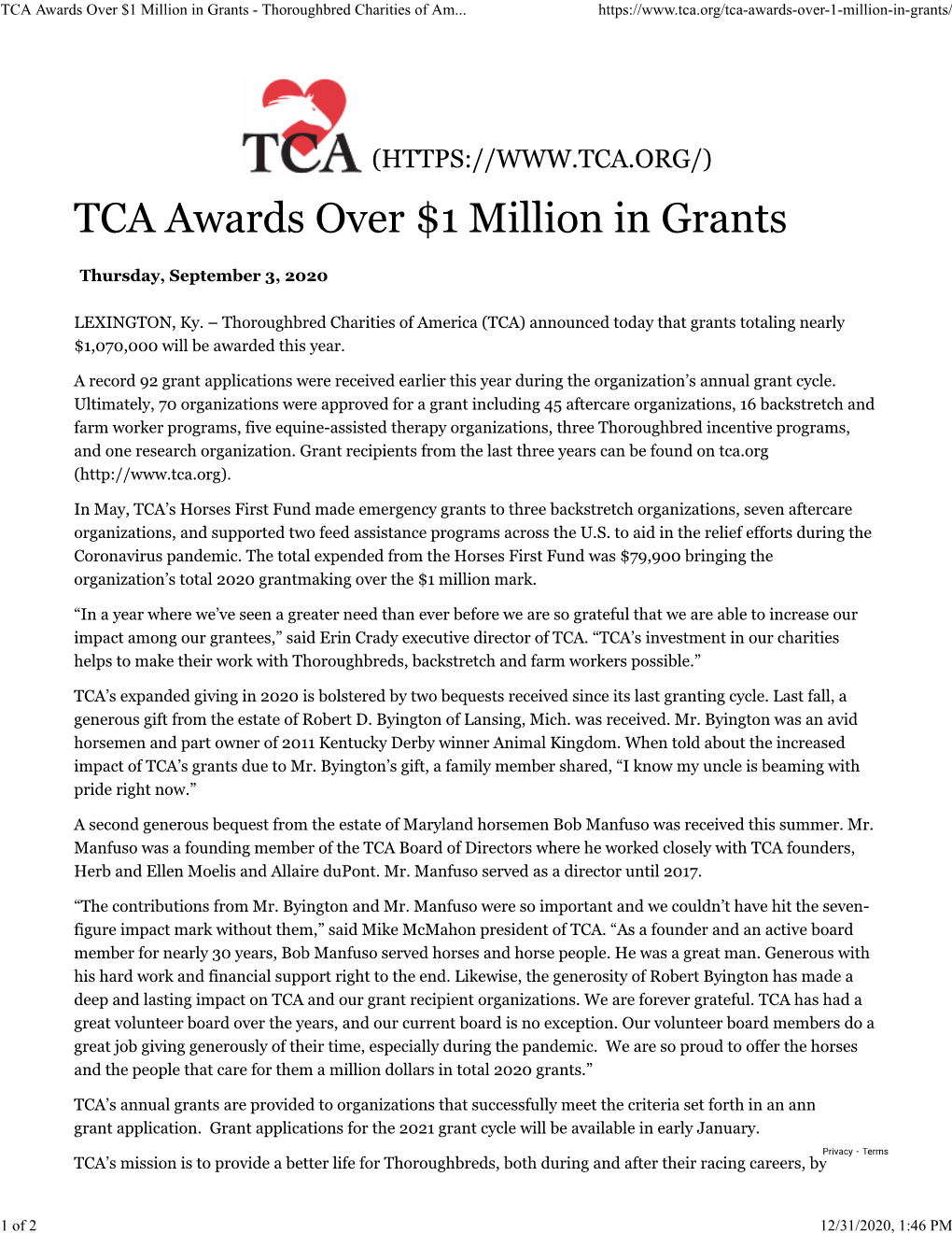 TCA Awards Over $1 Million in Grants - Thoroughbred Charities of Am