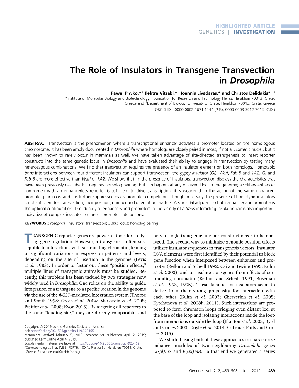 The Role of Insulators in Transgene Transvection in Drosophila