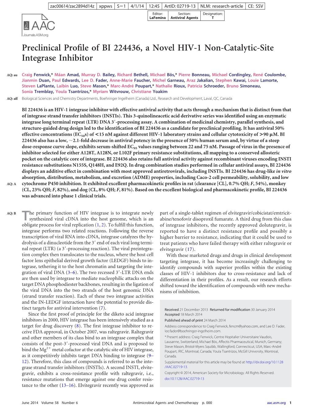 Preclinical Profile of BI 224436, a Novel HIV-1 Non-Catalytic-Site Integrase Inhibitor