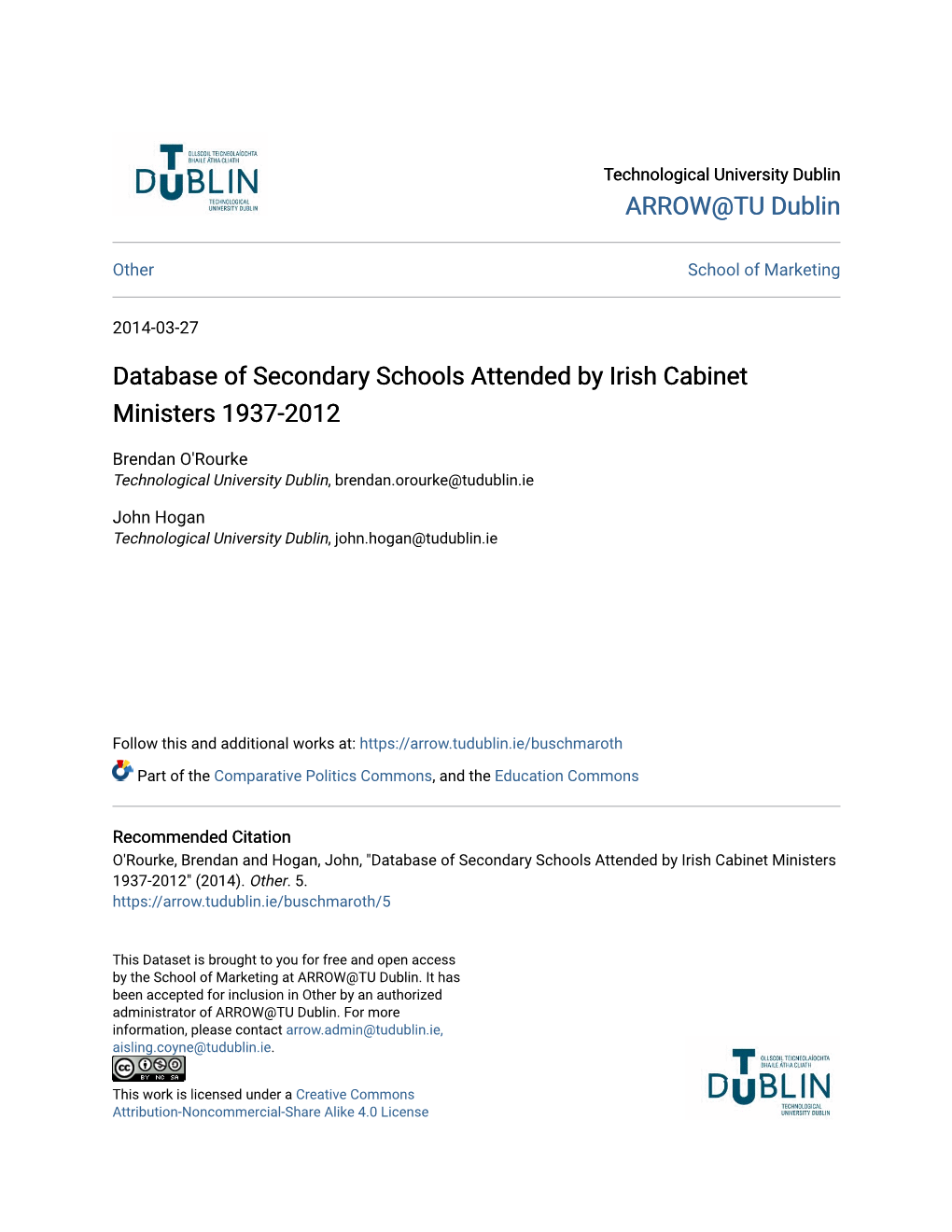 Database of Secondary Schools Attended by Irish Cabinet Ministers 1937-2012