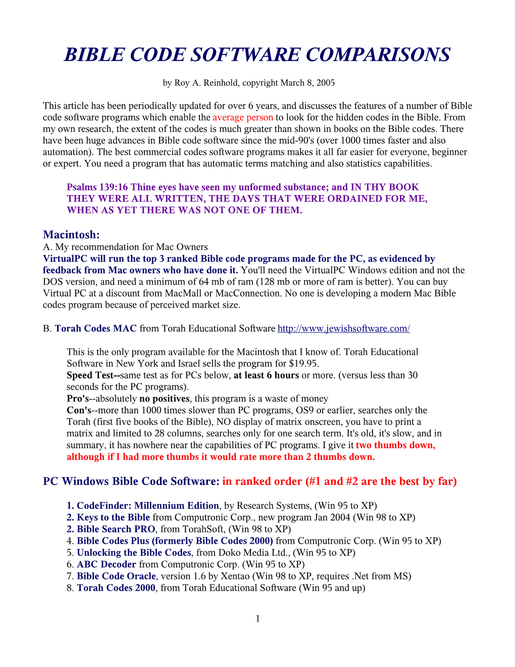 Bible Code Software Programs Comparisons--Prophecy Truths