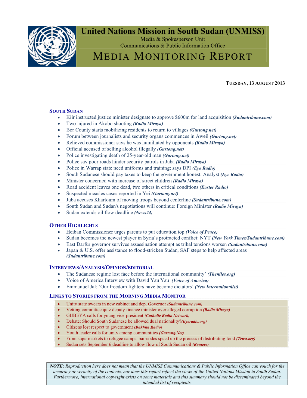 (UNMISS) Media & Spokesperson Unit Communications & Public Information Office MEDIA MONITORING REPORT