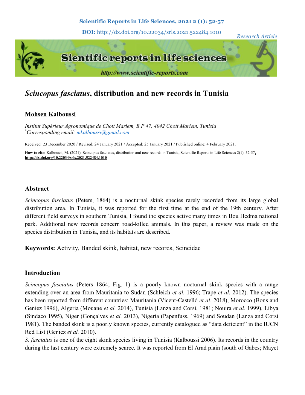 Scincopus Fasciatus, Distribution and New Records in Tunisia