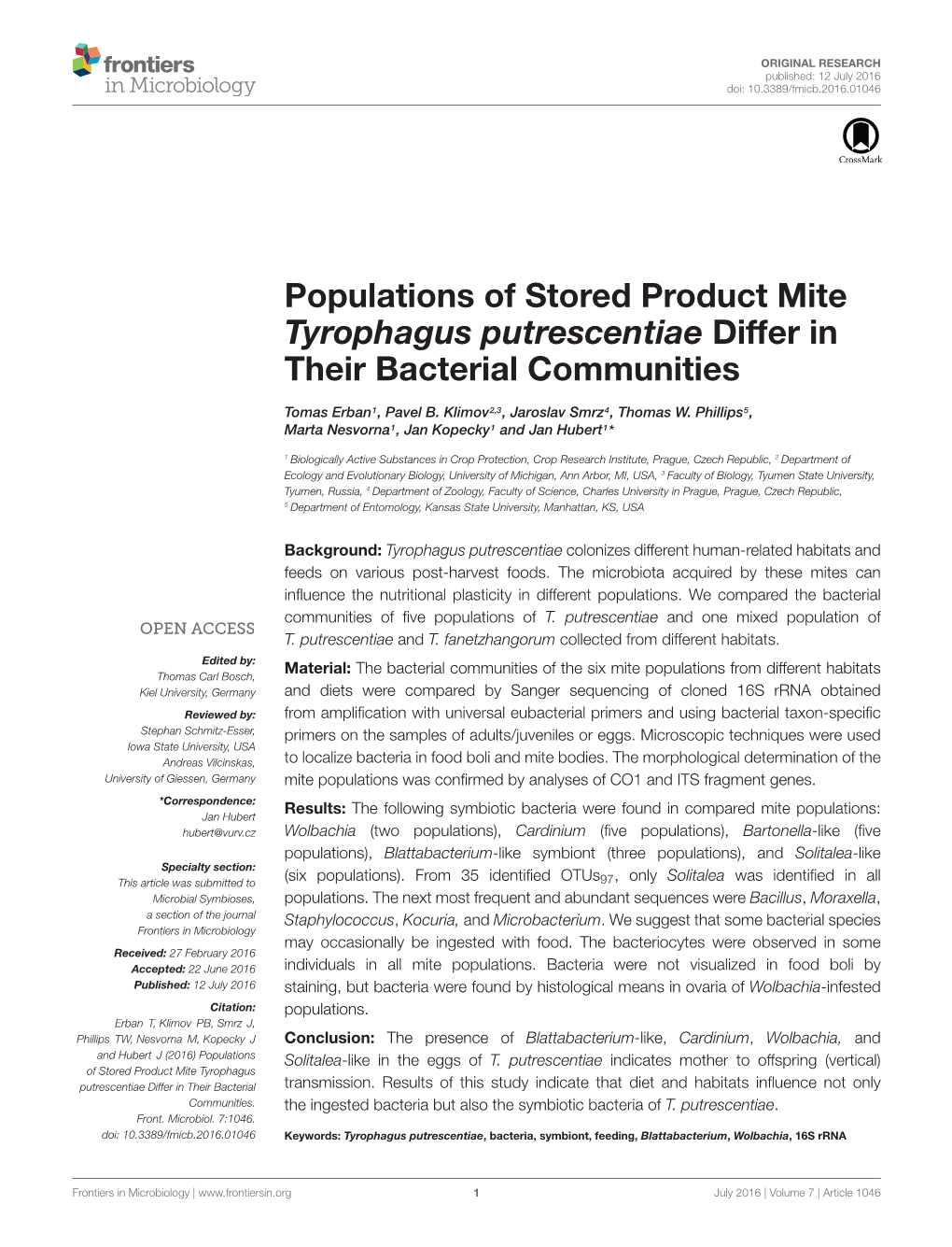 Populations of Stored Product Mite Tyrophagus Putrescentiae Differ in Their Bacterial Communities