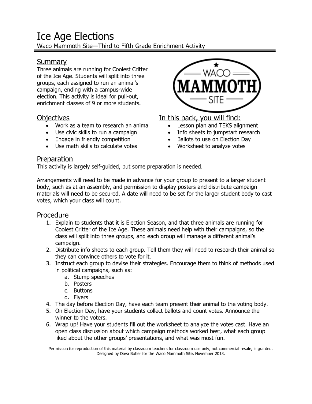 Ice Age Elections Waco Mammoth Site—Third to Fifth Grade Enrichment Activity