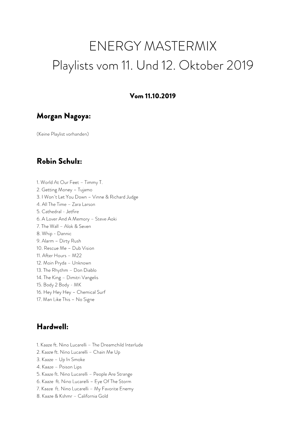 ENERGY MASTERMIX Playlists Vom 11. Und 12. Oktober 2019