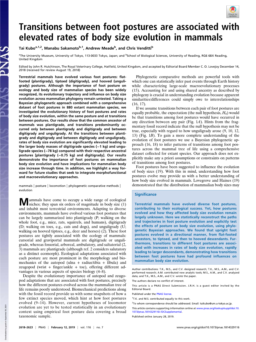 Transitions Between Foot Postures Are Associated with Elevated Rates of Body Size Evolution in Mammals