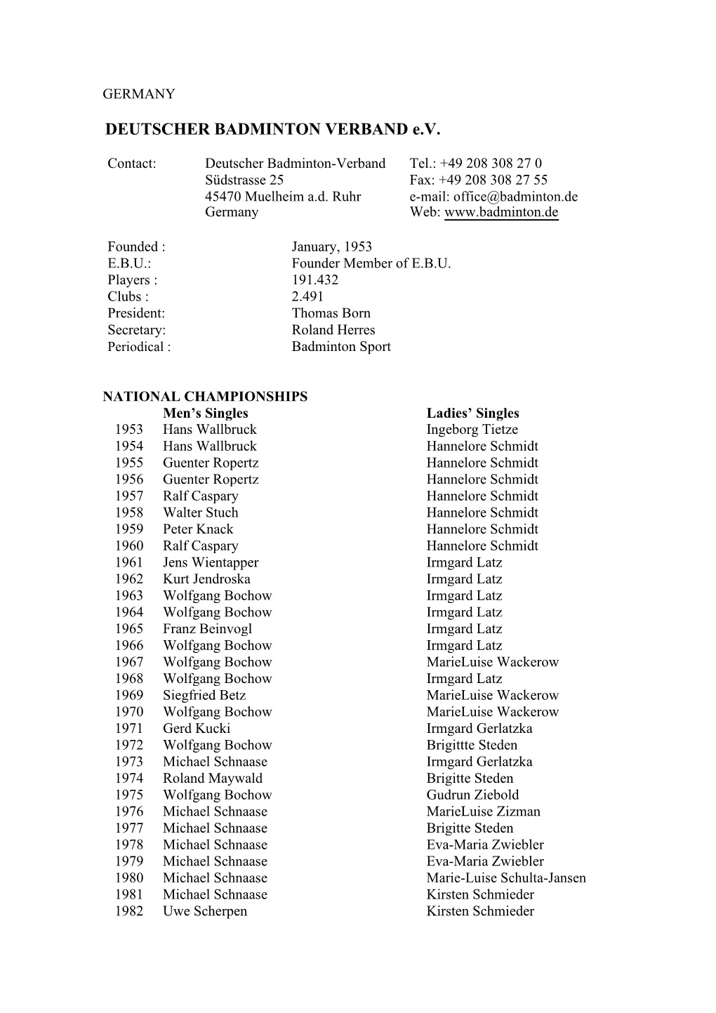 DEUTSCHER BADMINTON VERBAND E.V