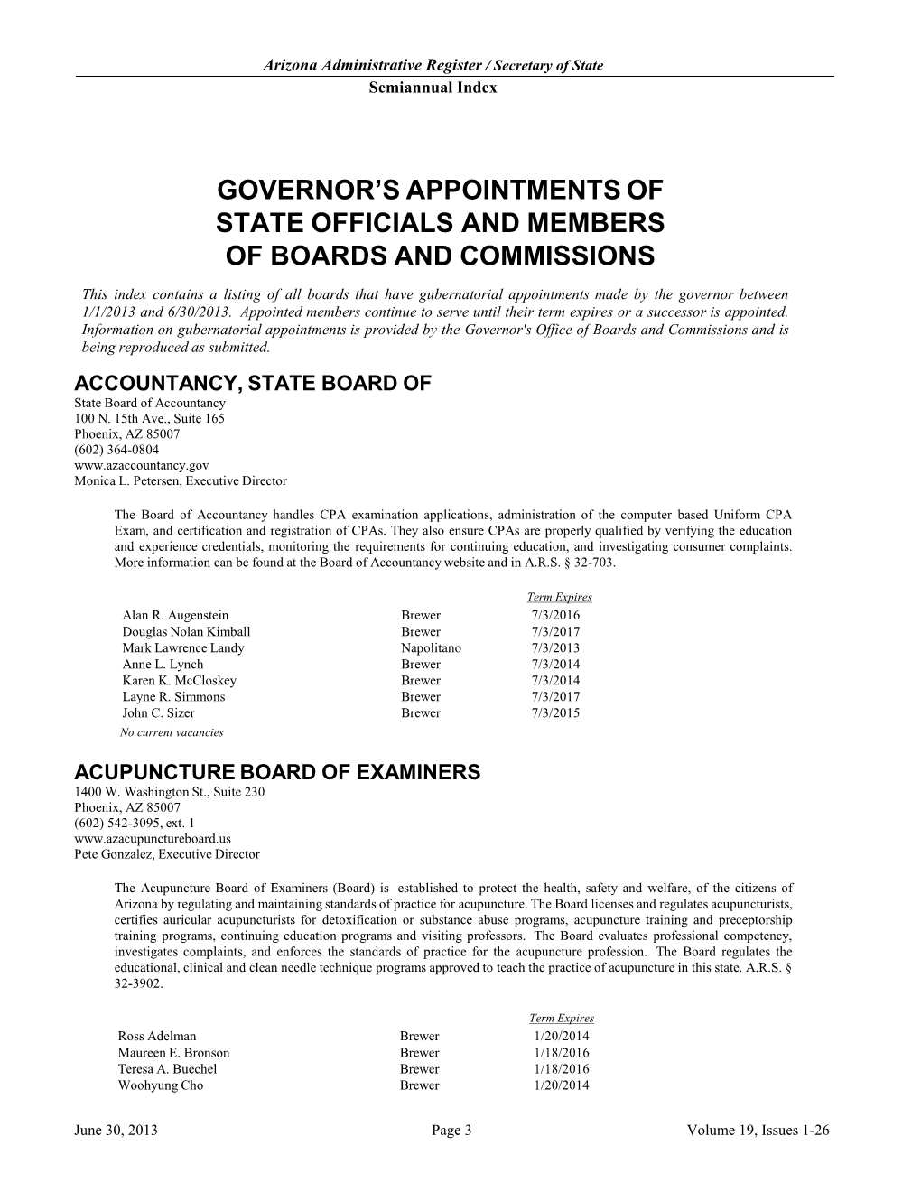 Governor's Appointments of State Officials and Members