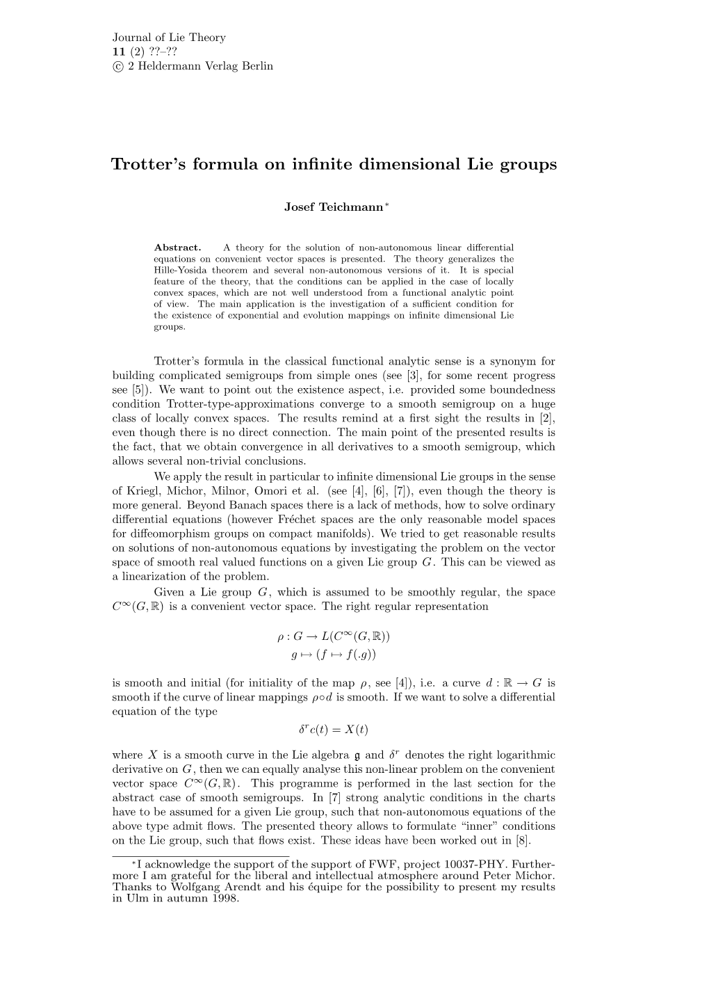 Trotter's Formula on Infinite Dimensional Lie Groups