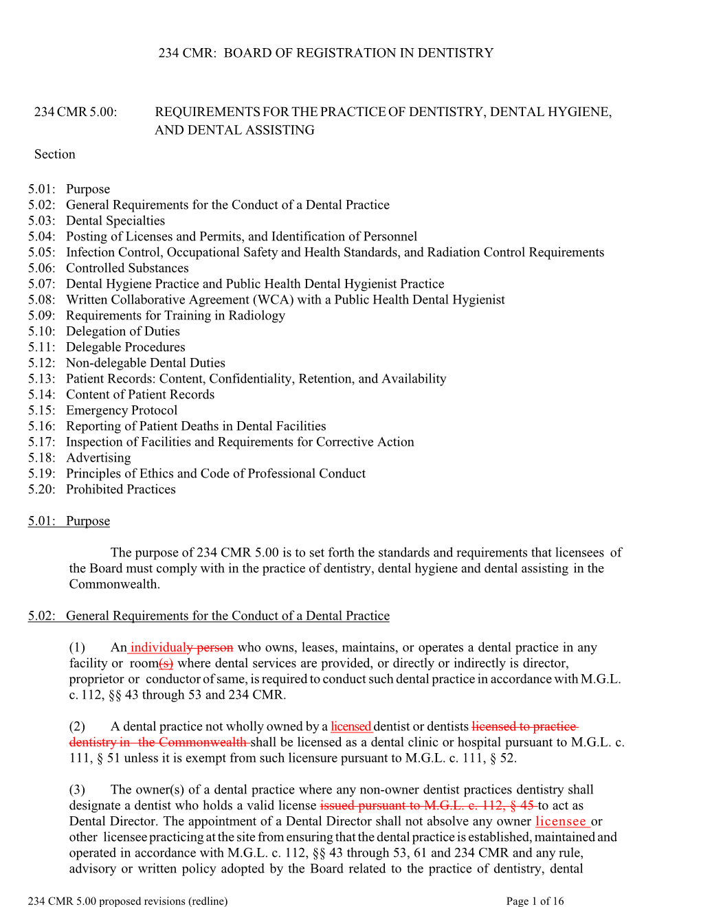 Board of Registration in Dentistry 234 Cmr 5.00