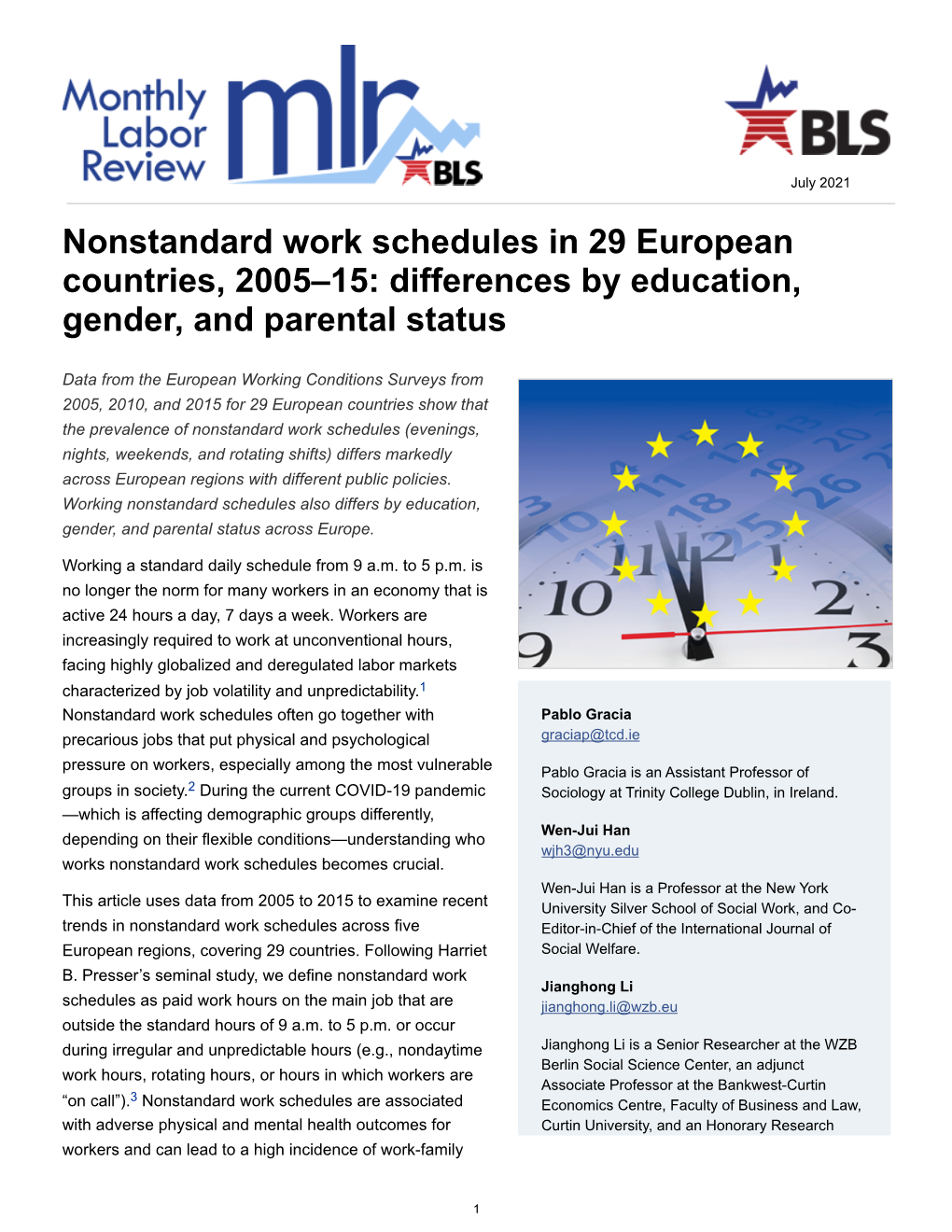 Nonstandard Work Schedules in 29 European Countries, 2005–15: Differences by Education, Gender, and Parental Status