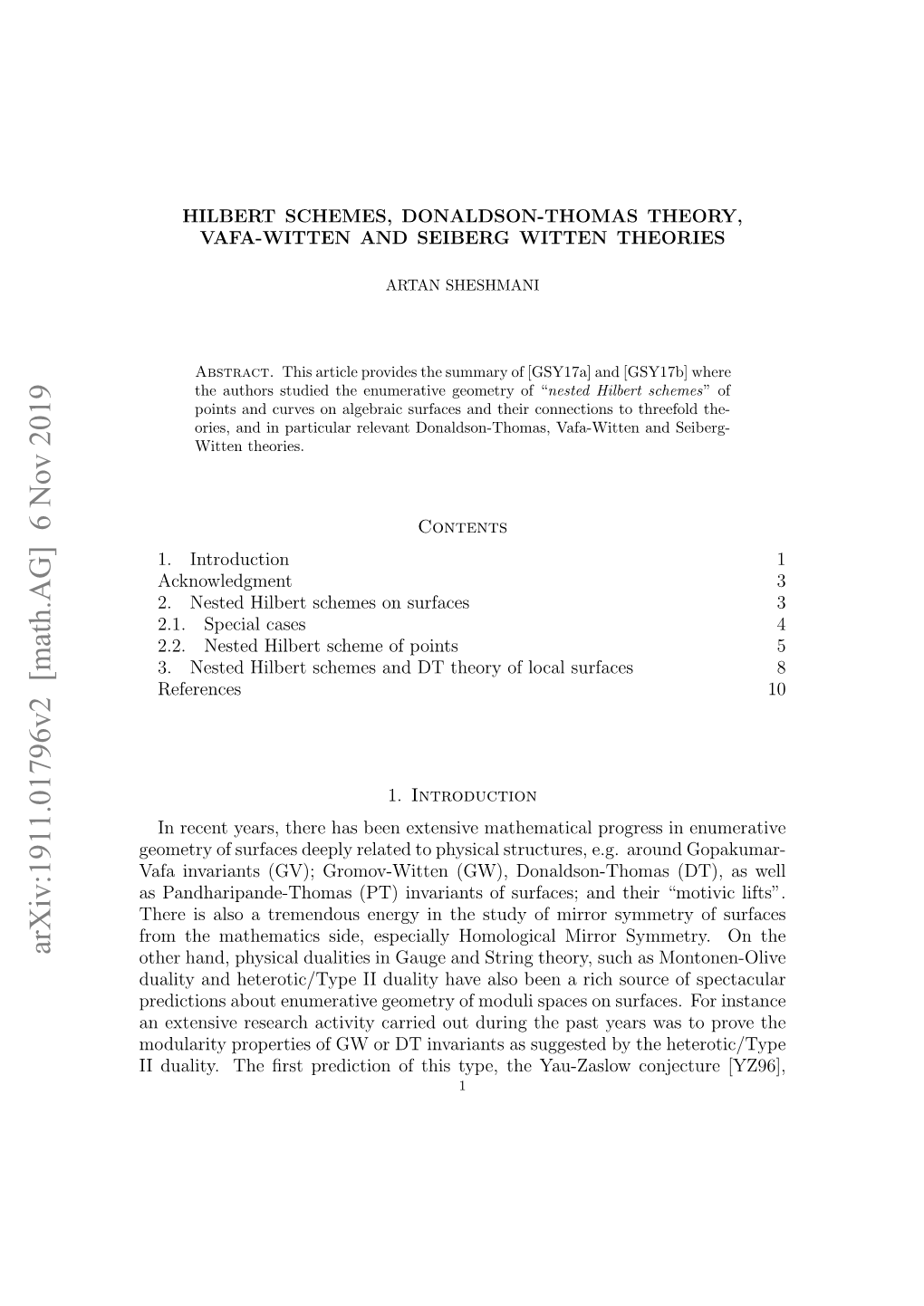 Hilbert Schemes, Donaldson-Thomas Theory, Vafa-Witten and Seiberg Witten Theories