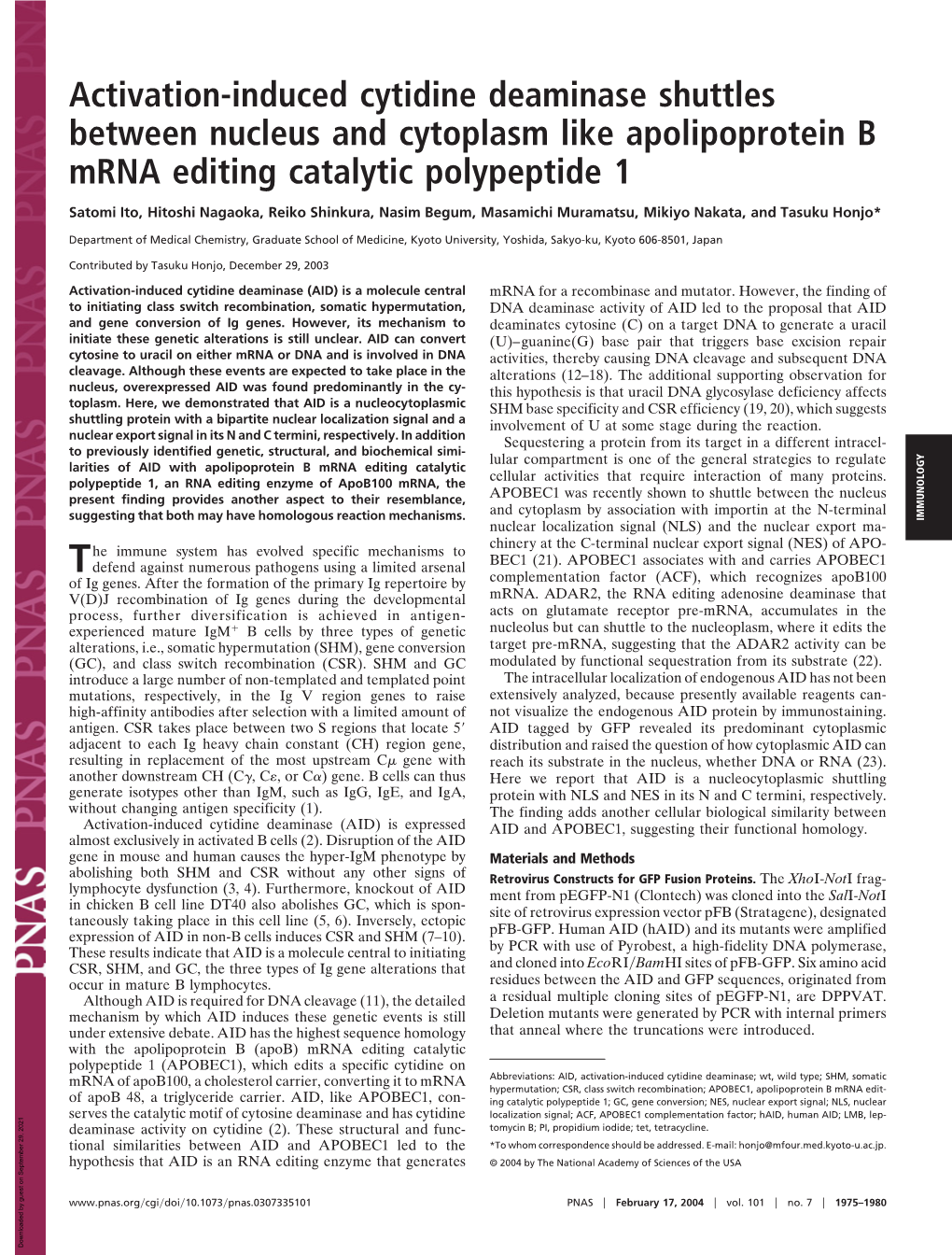 Activation-Induced Cytidine Deaminase Shuttles Between Nucleus and Cytoplasm Like Apolipoprotein B Mrna Editing Catalytic Polypeptide 1