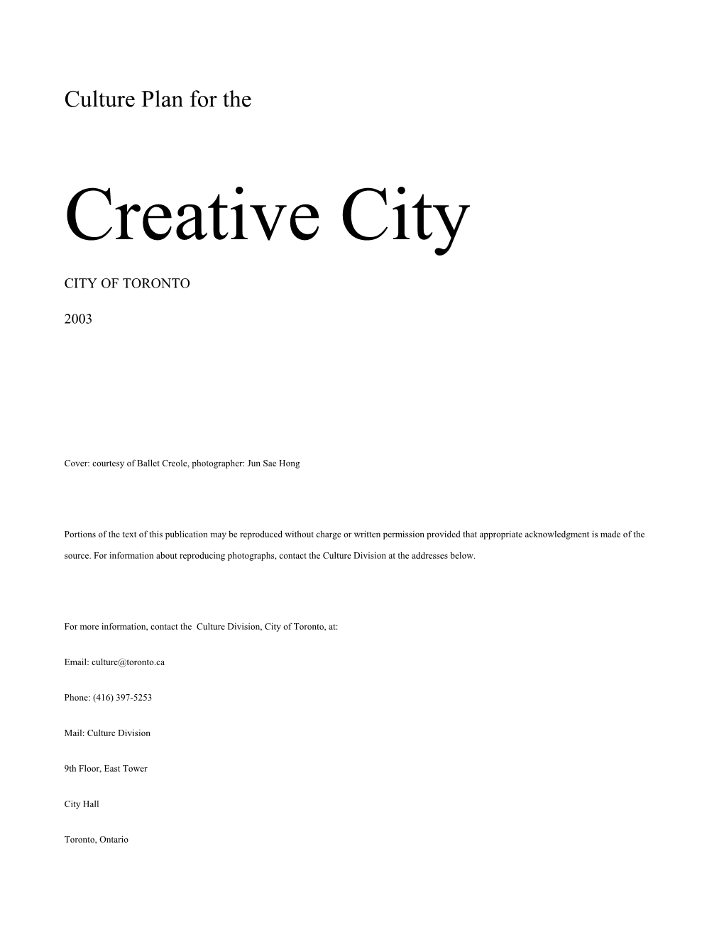 Culture Plan for the Creative City (2003)