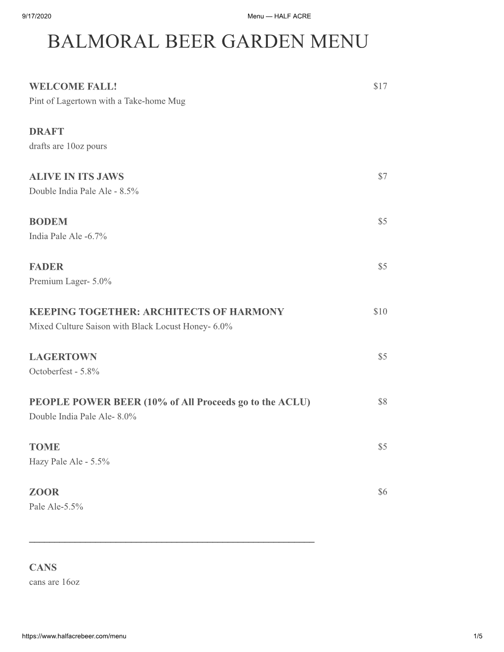 Balmoral Beer Garden Menu