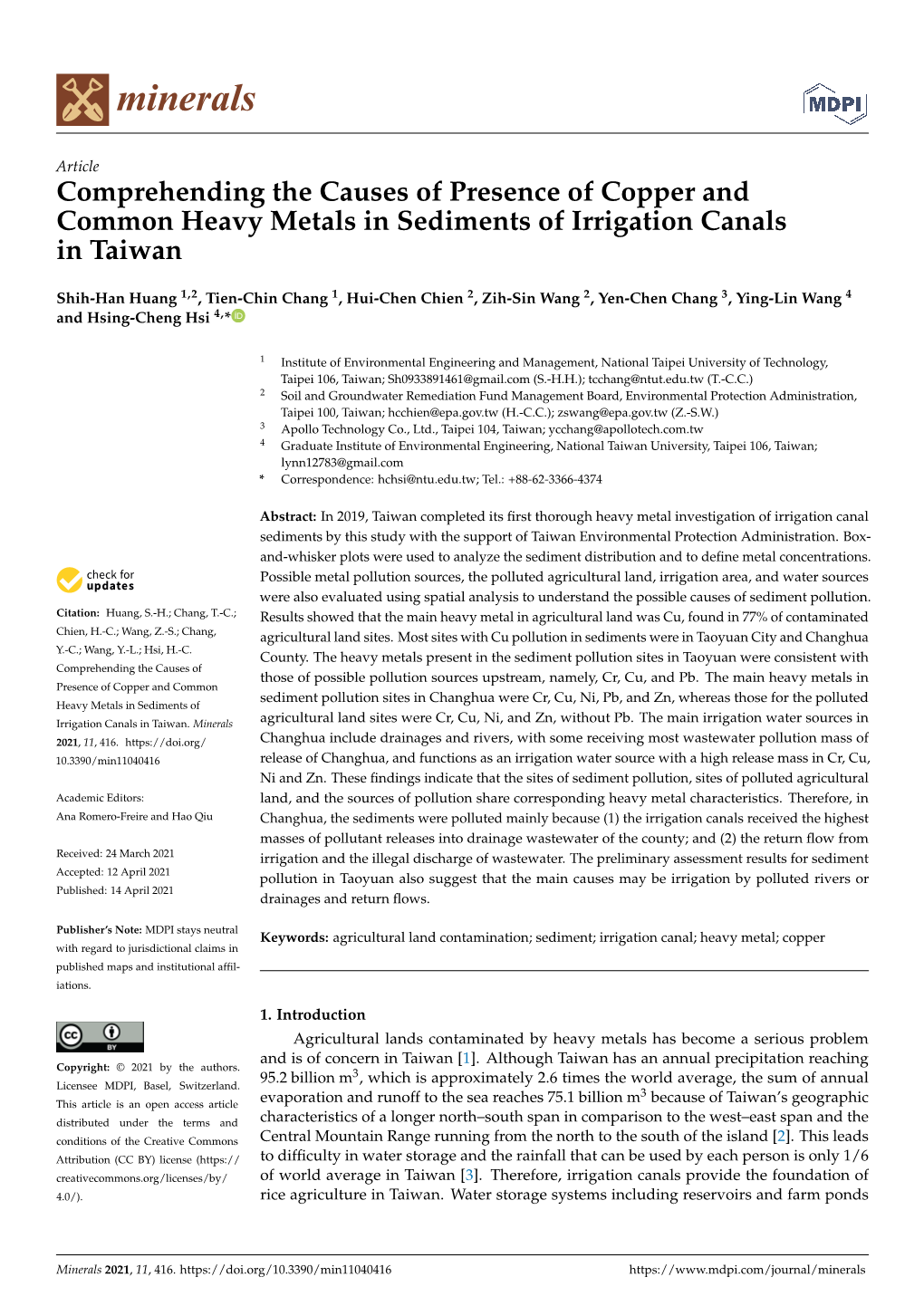 Comprehending the Causes of Presence of Copper and Common Heavy Metals in Sediments of Irrigation Canals in Taiwan