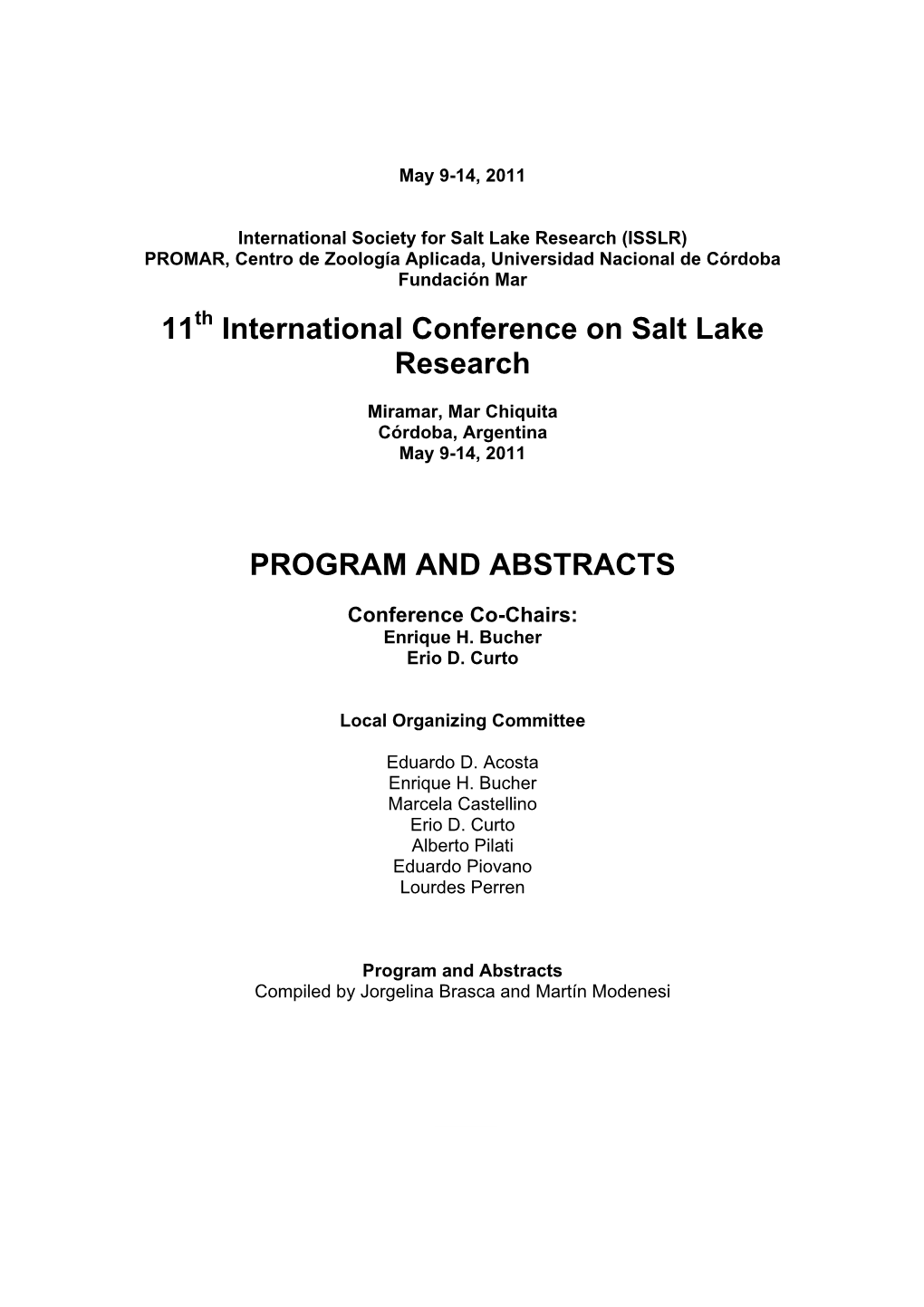 11 International Conference on Salt Lake Research PROGRAM AND