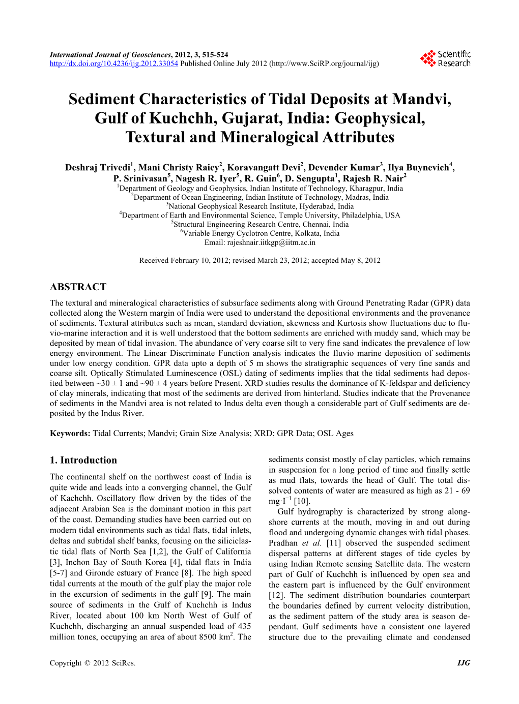 Sediment Characteristics of Tidal Deposits at Mandvi, Gulf of Kuchchh, Gujarat, India: Geophysical, Textural and Mineralogical Attributes