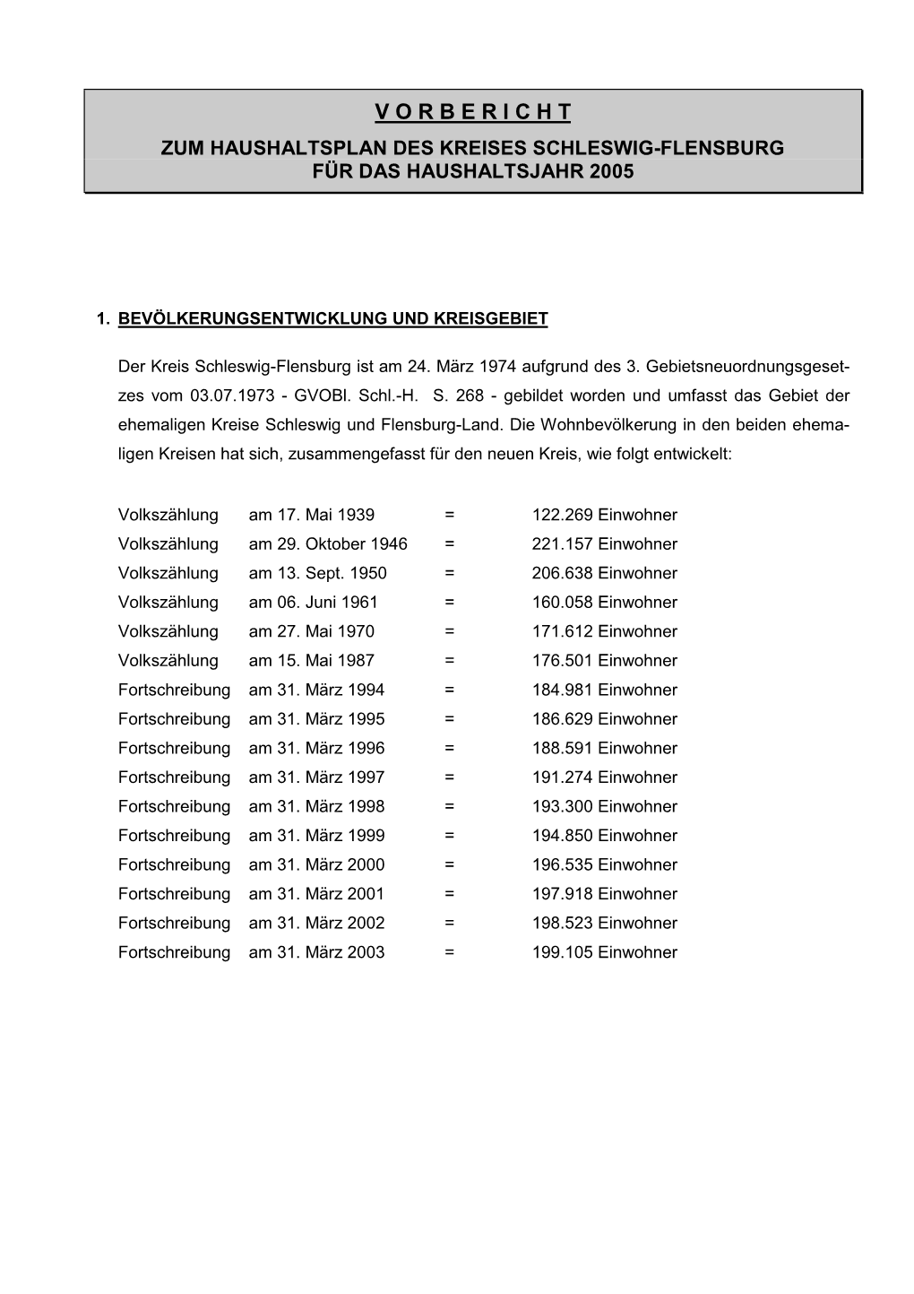 V O R B E R I C H T Zum Haushaltsplan Des Kreises Schleswig-Flensburg Für Das Haushaltsjahr 2005